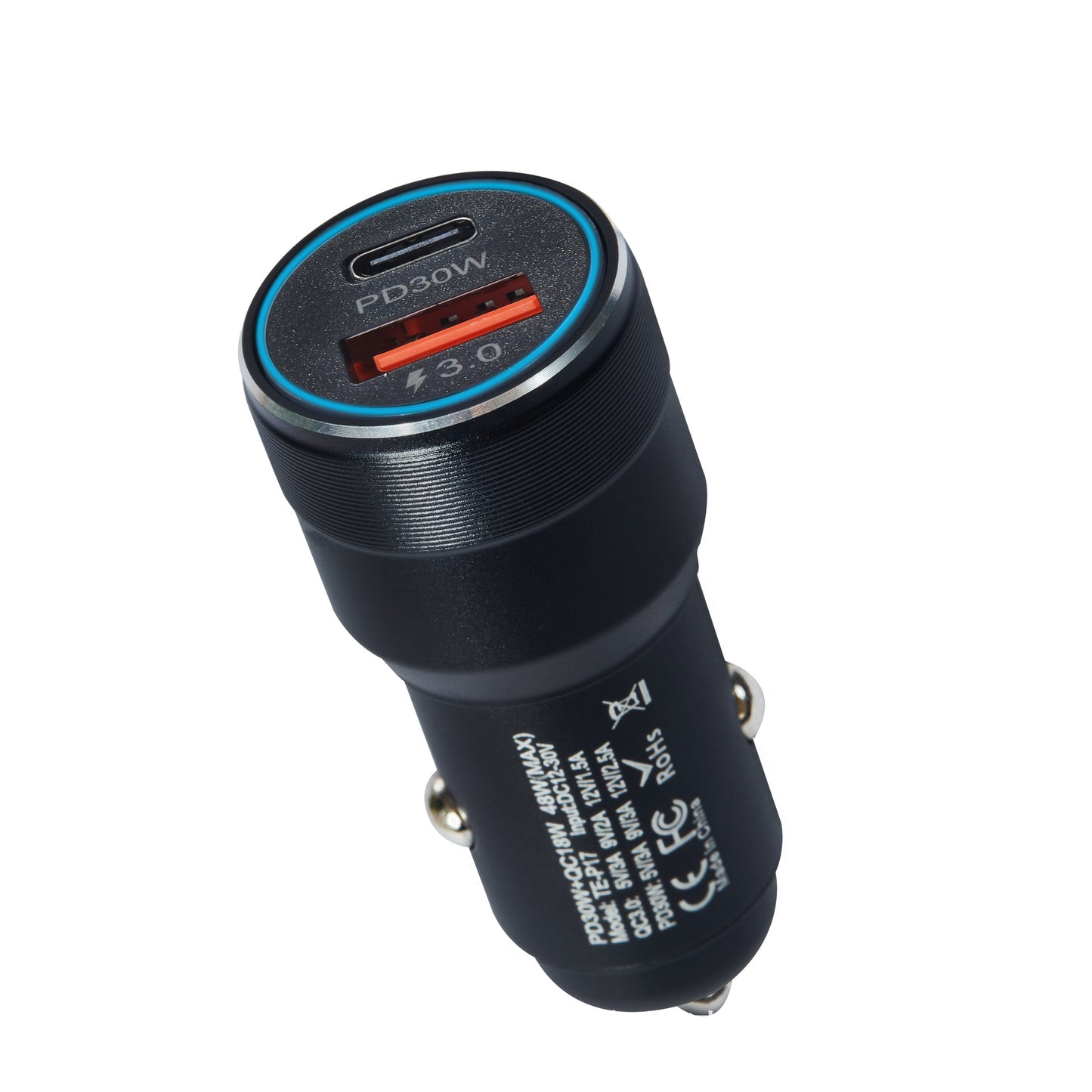 Dural 48W USB+C car charger, metal shell fast charger with LED light.