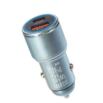 Dural 48W USB+C car charger, metal shell fast charger with LED light.