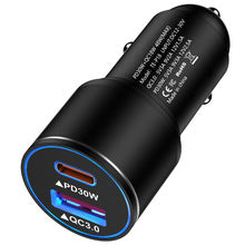 Dural 48W USB+C car charger, metal shell fast charger with LED light.
