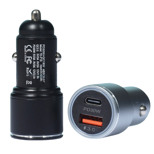 Dural 48W USB+C car charger, metal shell fast charger with LED light.